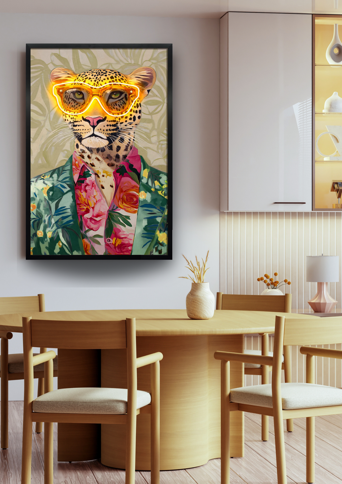 Tropical Vibes Leopard LED Wall Art – Neon Animal Canvas (63x93cm)