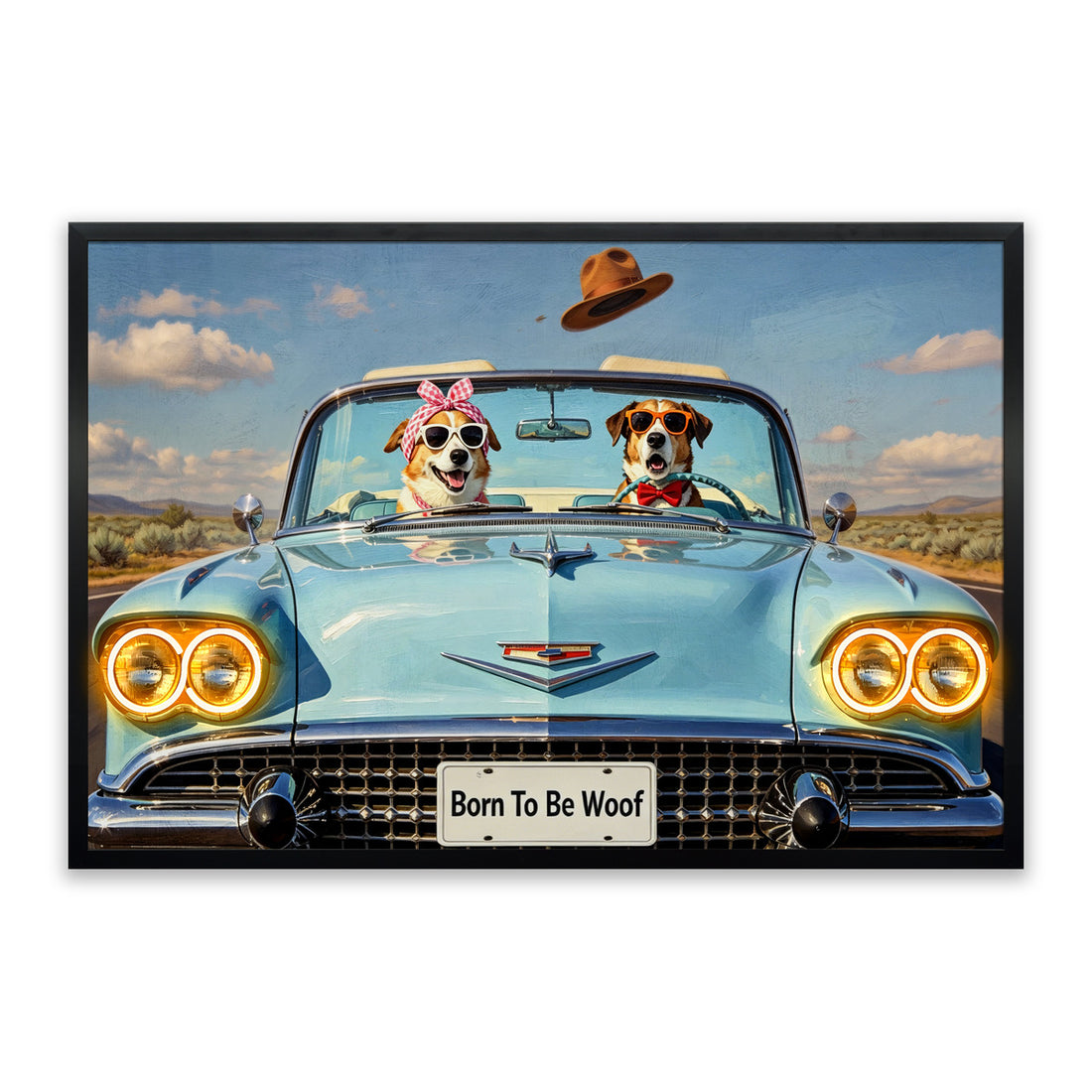 Born to Be Woof LED Wall Art – Road Trip Dogs Canvas (93x63cm)