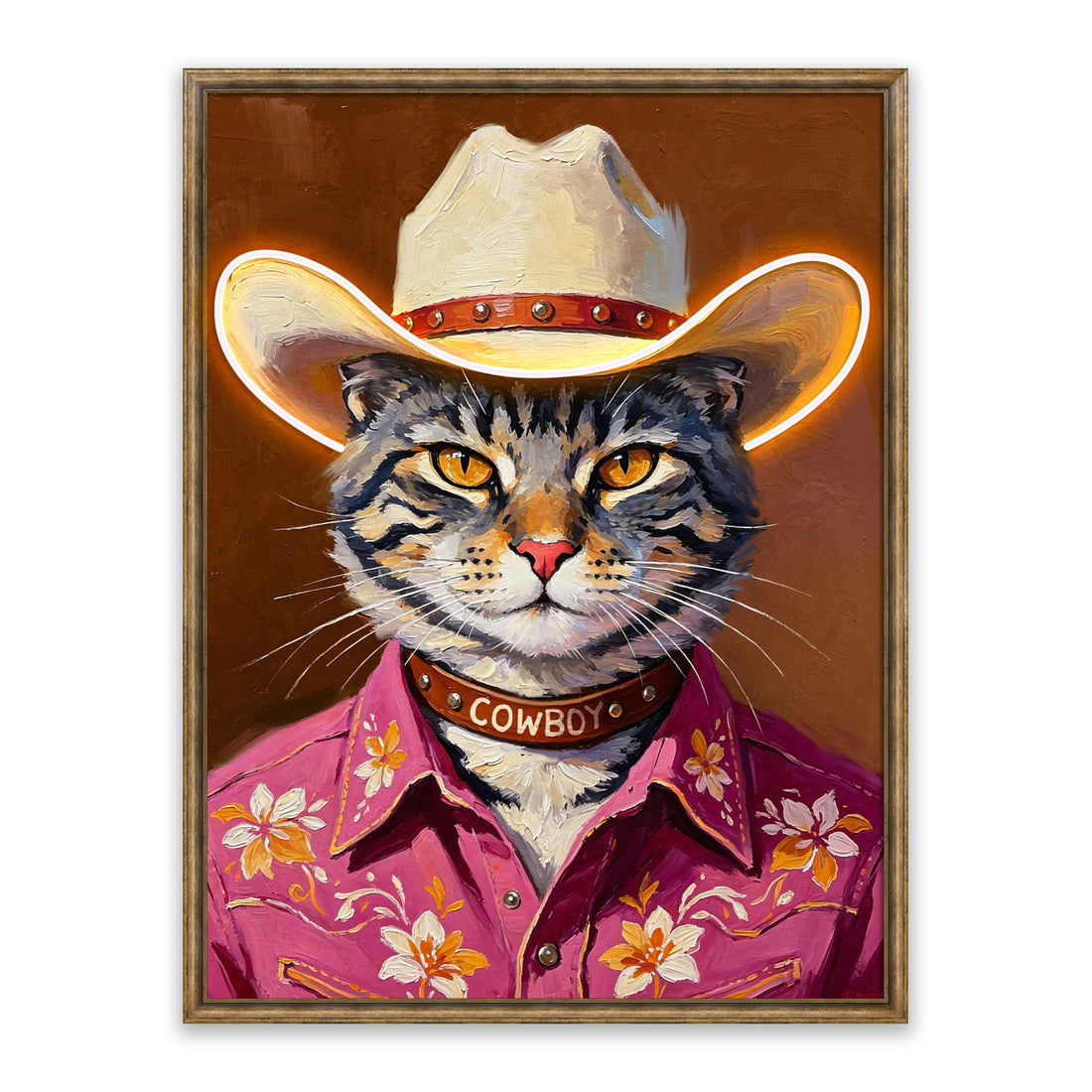 Cowboy Cat LED Wall Art – Western Tabby Canvas (63x83cm)