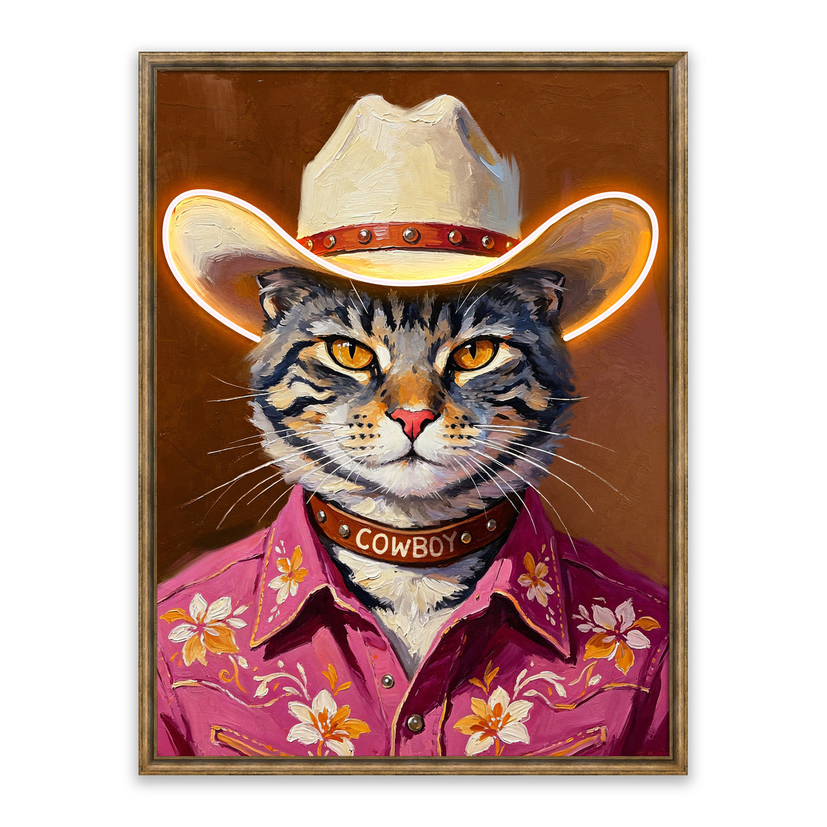 Cowboy Cat LED Wall Art – Western Tabby Canvas (63x83cm)