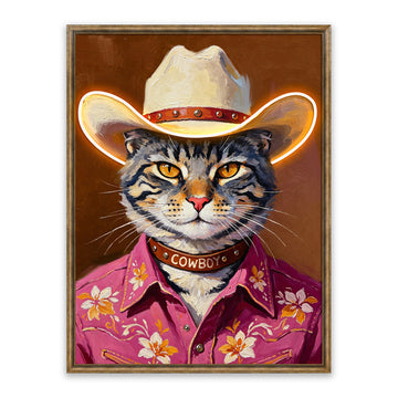 Cowboy Cat LED Wall Art – Western Tabby Canvas (63x83cm)