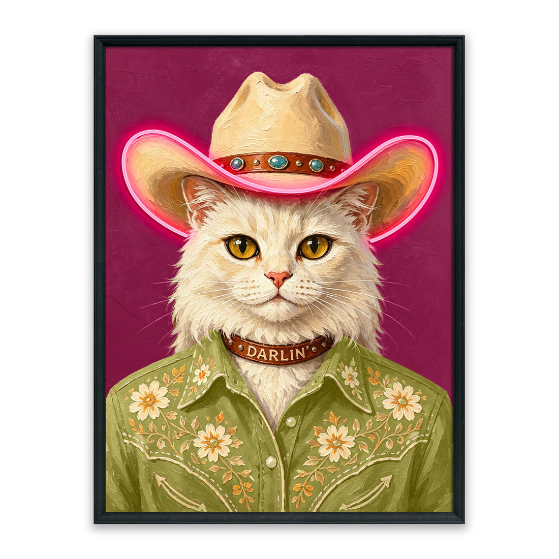 Darlin’ Cowgirl Cat LED Wall Art – Western White Cat Canvas (63x83cm)