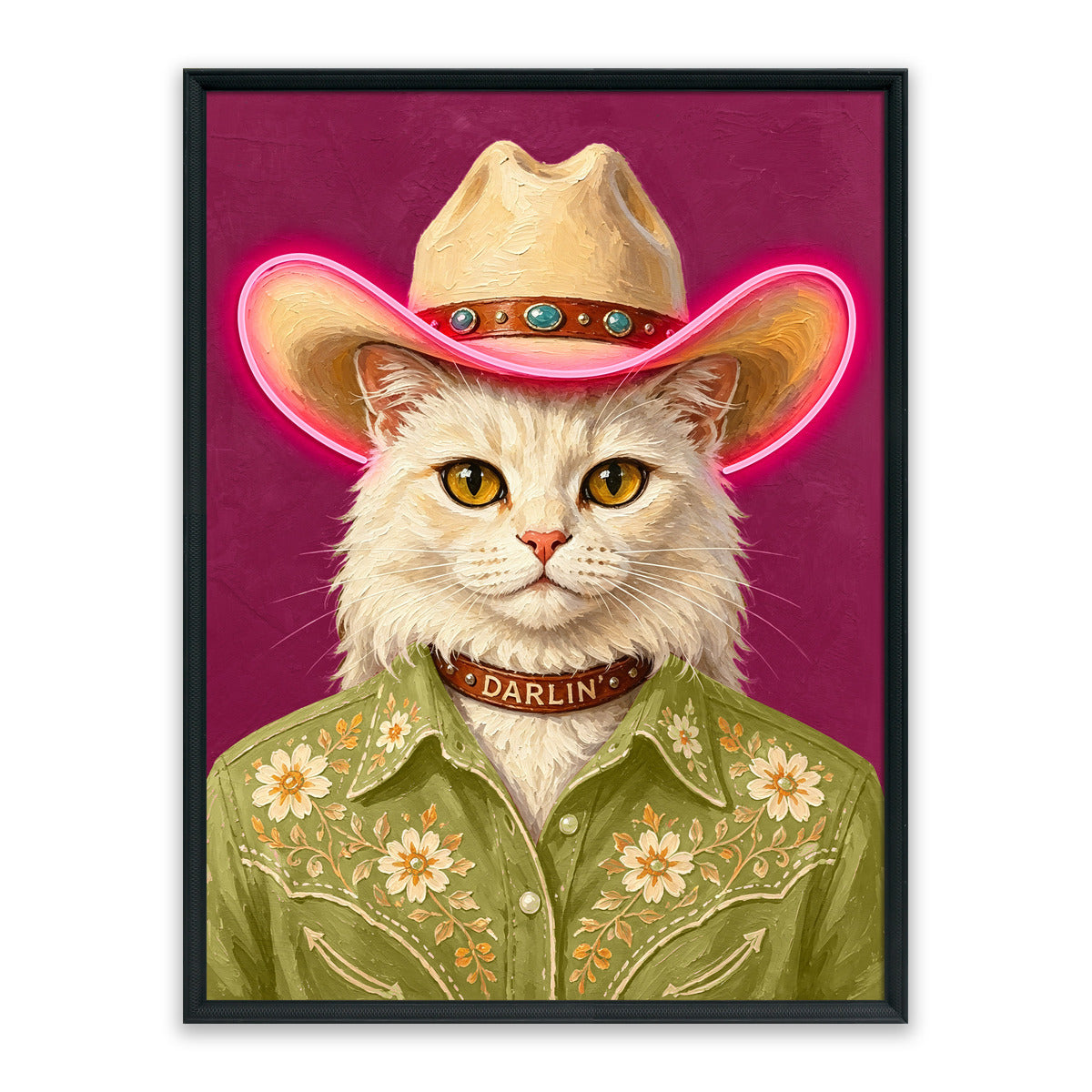 Darlin’ Cowgirl Cat LED Wall Art – Western White Cat Canvas (63x83cm)