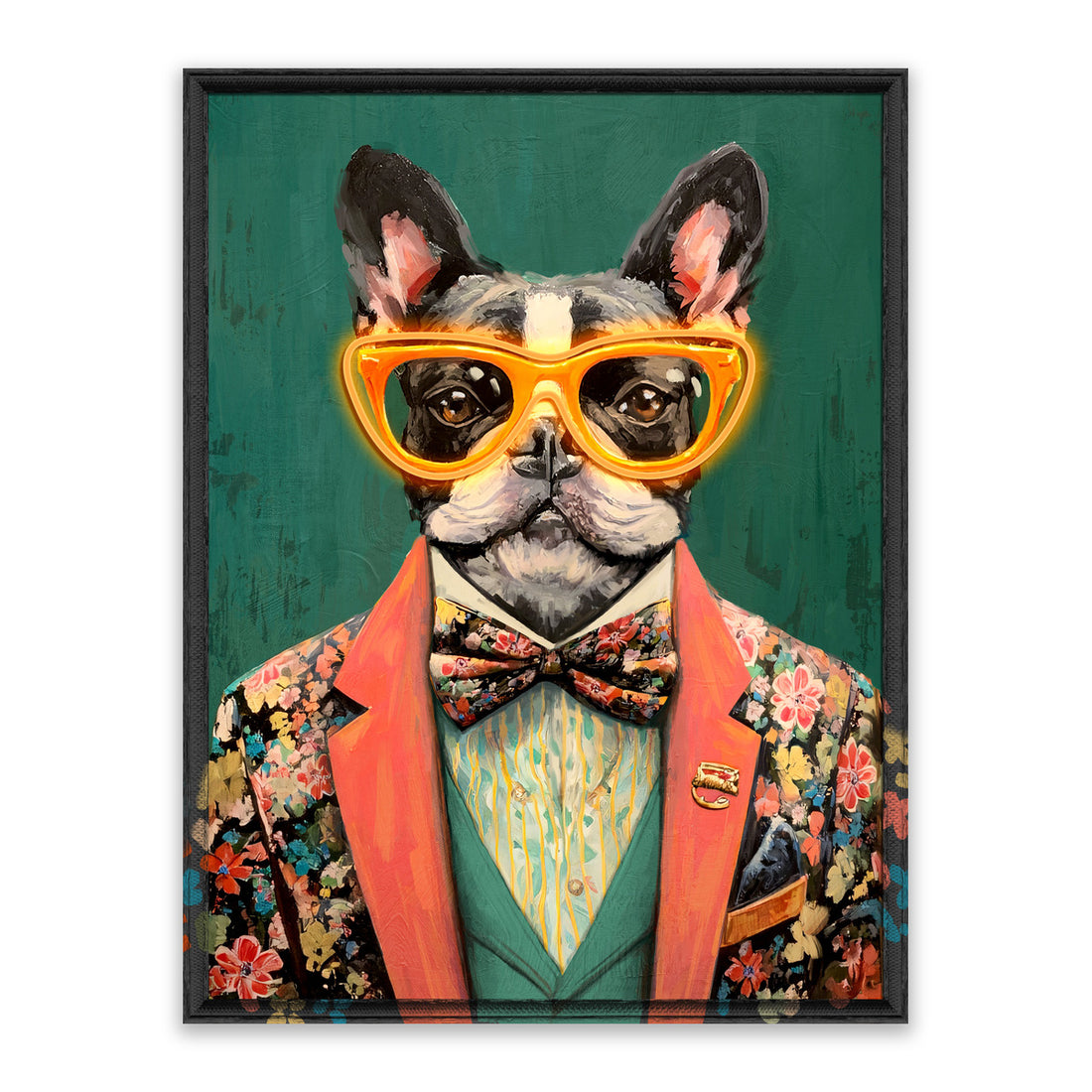 Gentleman Bulldog LED Wall Art – Floral Suit Canvas (63x83cm)
