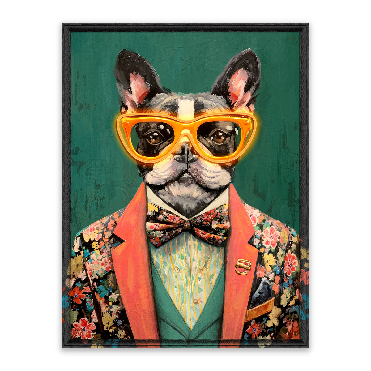 Gentleman Bulldog LED Wall Art – Floral Suit Canvas (63x83cm)