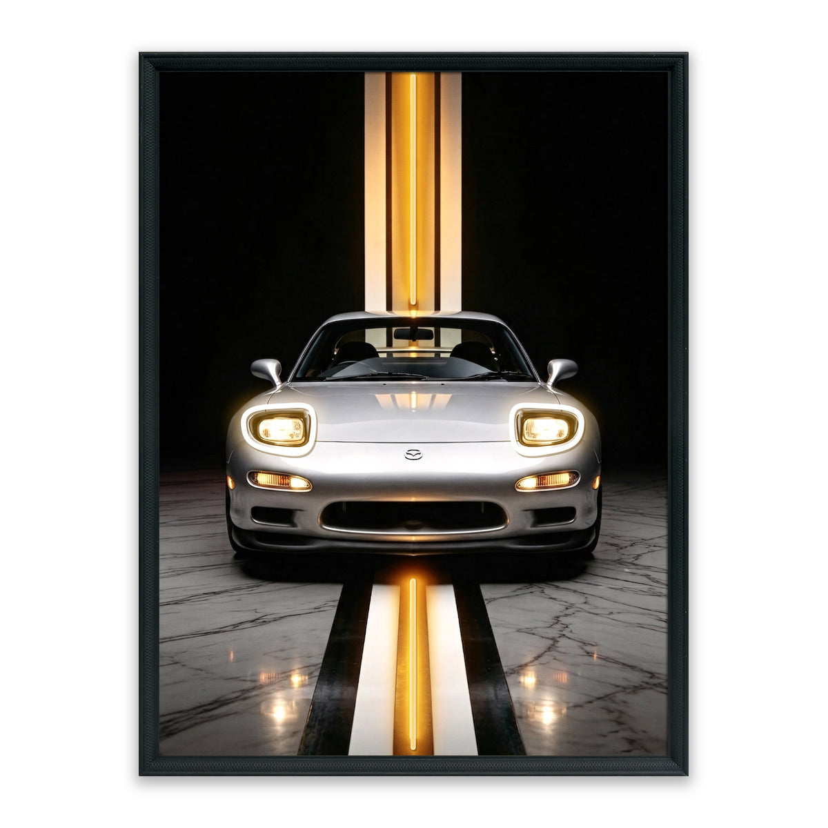 Golden Apex LED Wall Art – Silver Japanese Sports Car Canvas (63x83cm)