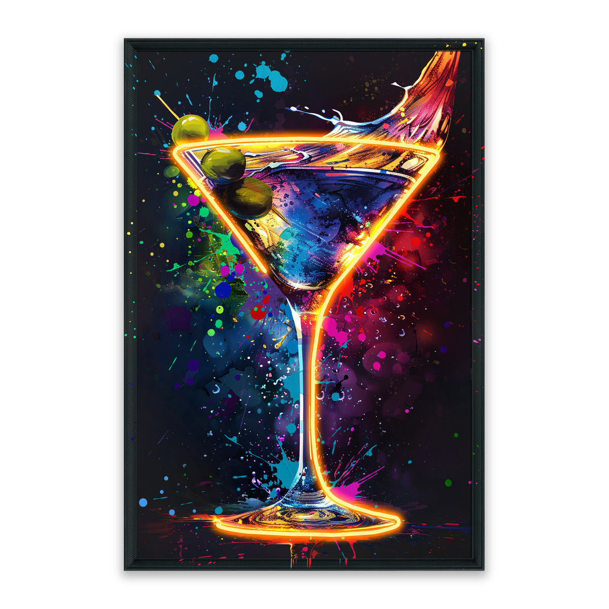 Golden Pour LED Wall Art – Neon Martini Glass Canvas (63x93cm)