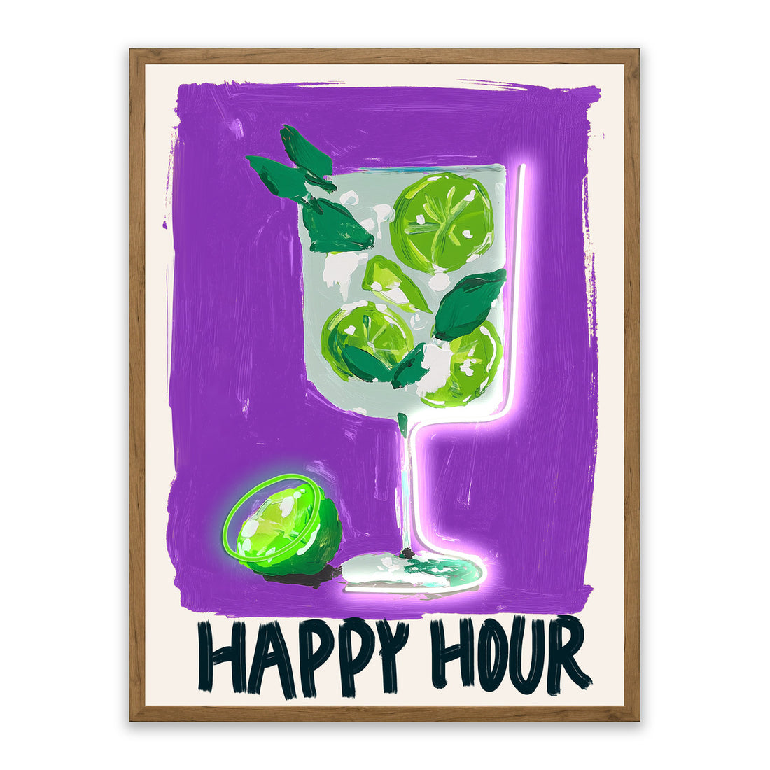 Happy Hour LED Wall Art – Neon Lime Cocktail Canvas (63x83cm)