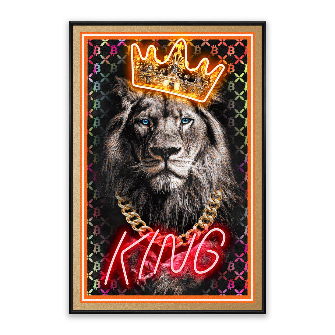 King Lion LED Wall Art – Neon Bitcoin Crown Canvas (61.6x91.6cm)