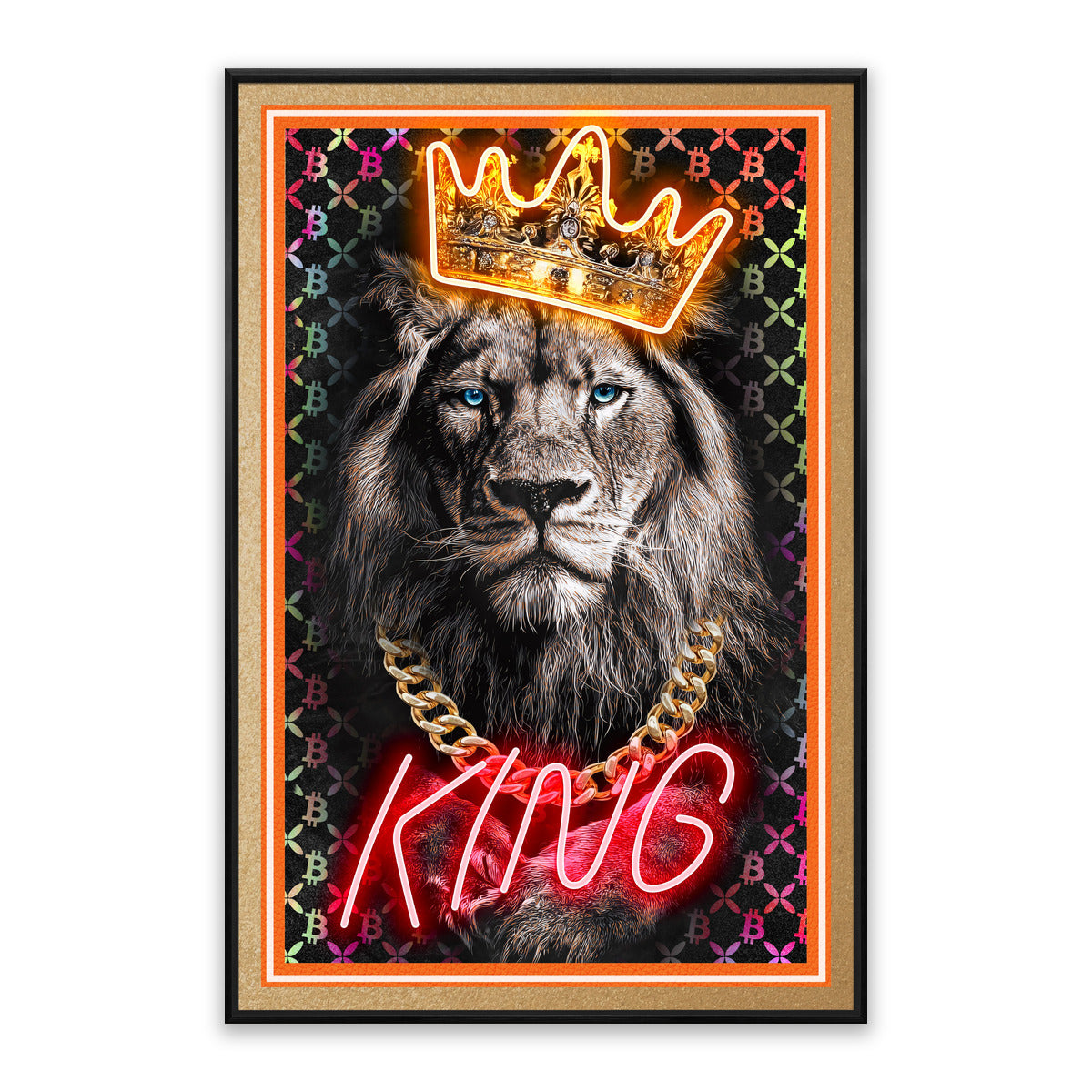 King Lion LED Wall Art – Neon Bitcoin Crown Canvas (61.6x91.6cm)