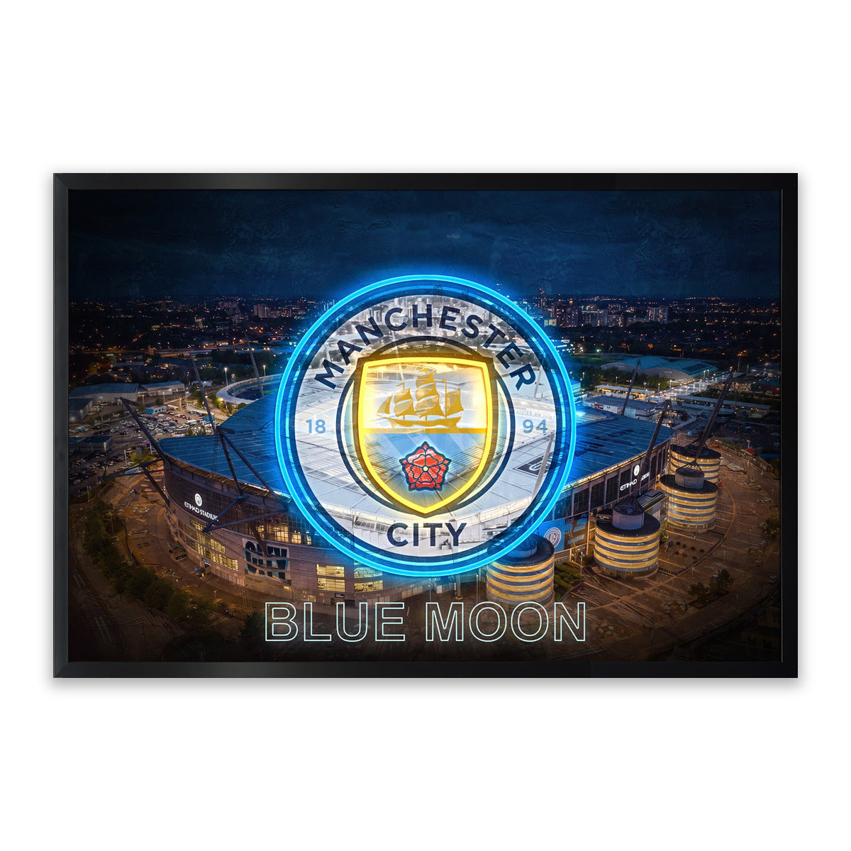 Manchester City LED Wall Art – Etihad Stadium & Club Crest Canvas (93x63cm)