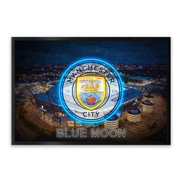 Manchester City LED Wall Art – Etihad Stadium & Club Crest Canvas (93x63cm)