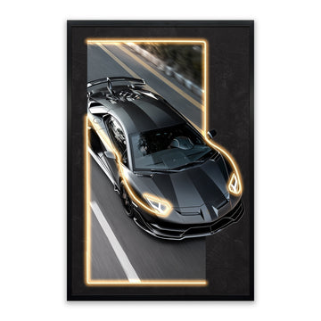 Midnight Velocity LED Wall Art – Black Supercar Canvas (63x93cm)