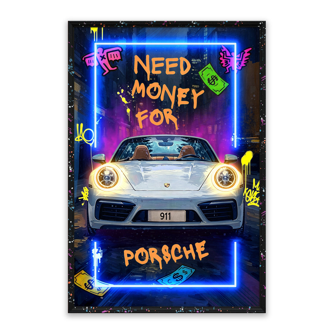Need Money for Porsche LED Wall Art – White 911 Convertible Canvas (63x93cm)