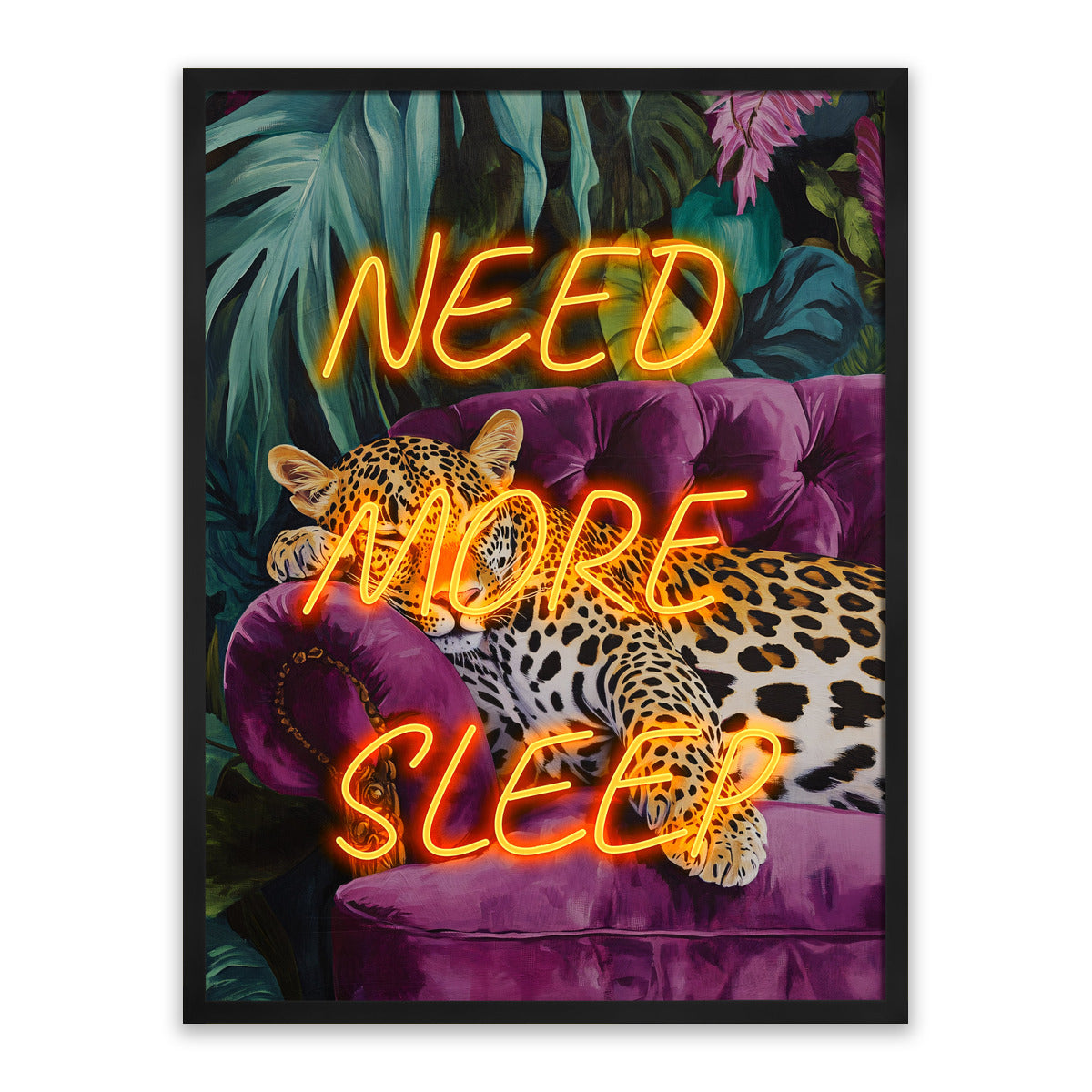 Need More Sleep LED Wall Art – Neon Leopard Canvas (63x83cm)