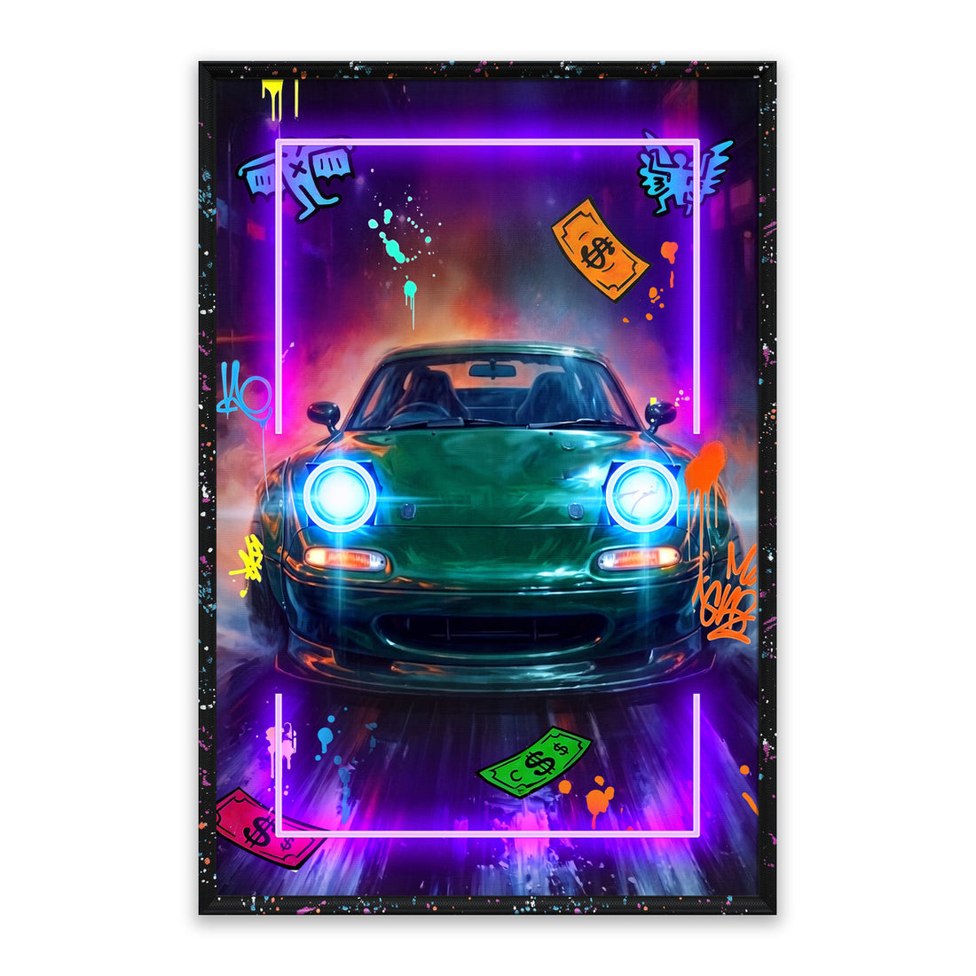 Neon Street Roadster LED Wall Art – Green Japanese Sports Car Canvas (63x93cm)