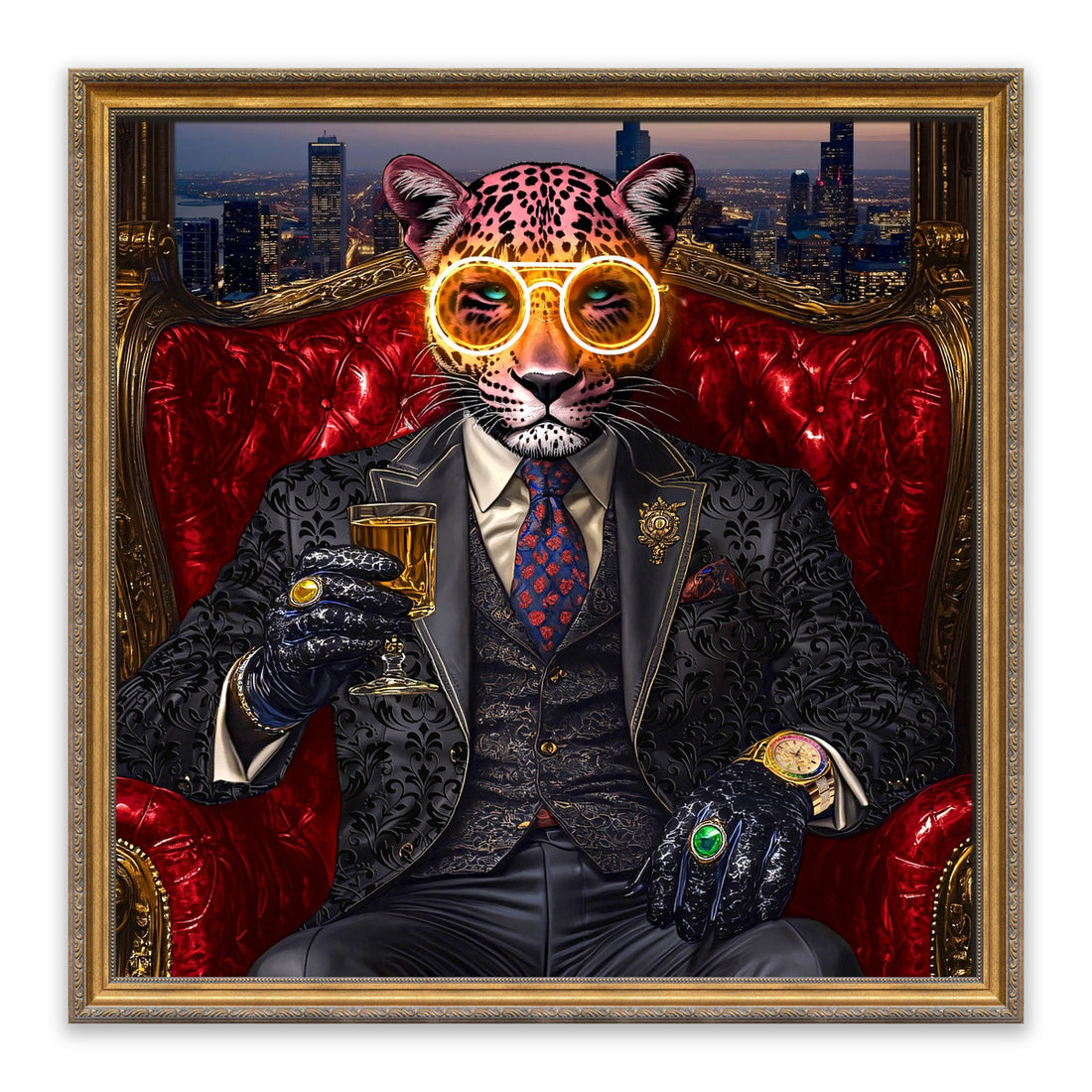 Royal Leopard LED Wall Art – Gold Glasses Canvas (100x100cm)